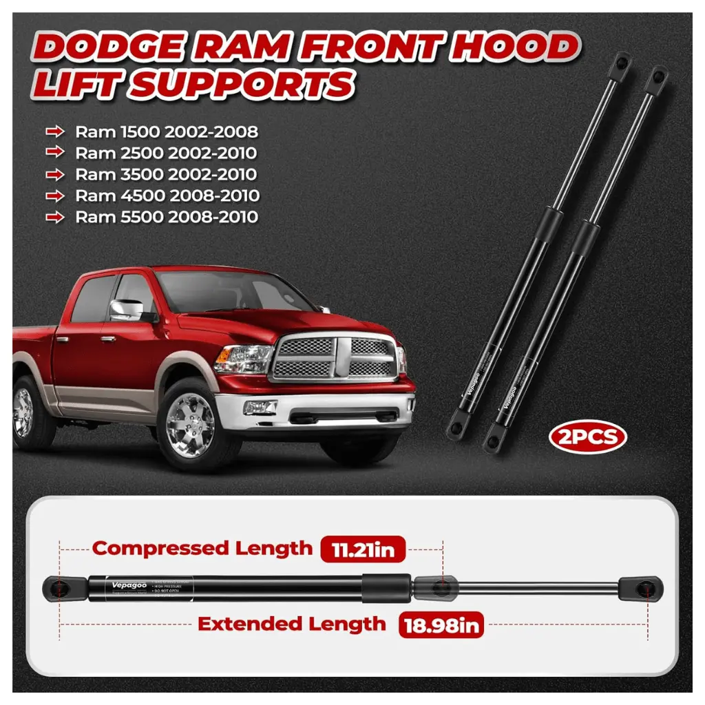 2 Front Hood Gas Lift Supports Struts 4364 Compatible For 2002-2010 Dodge Ram 1500/2500/3500/4500/5500 Spring Shocks 2