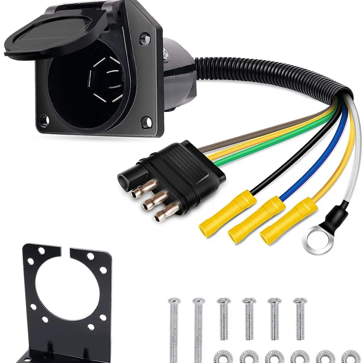 4-Way Flat To 7-Way Round Rv Blade Trailer Adapter Reverse Plug With Mounting Bracket 1