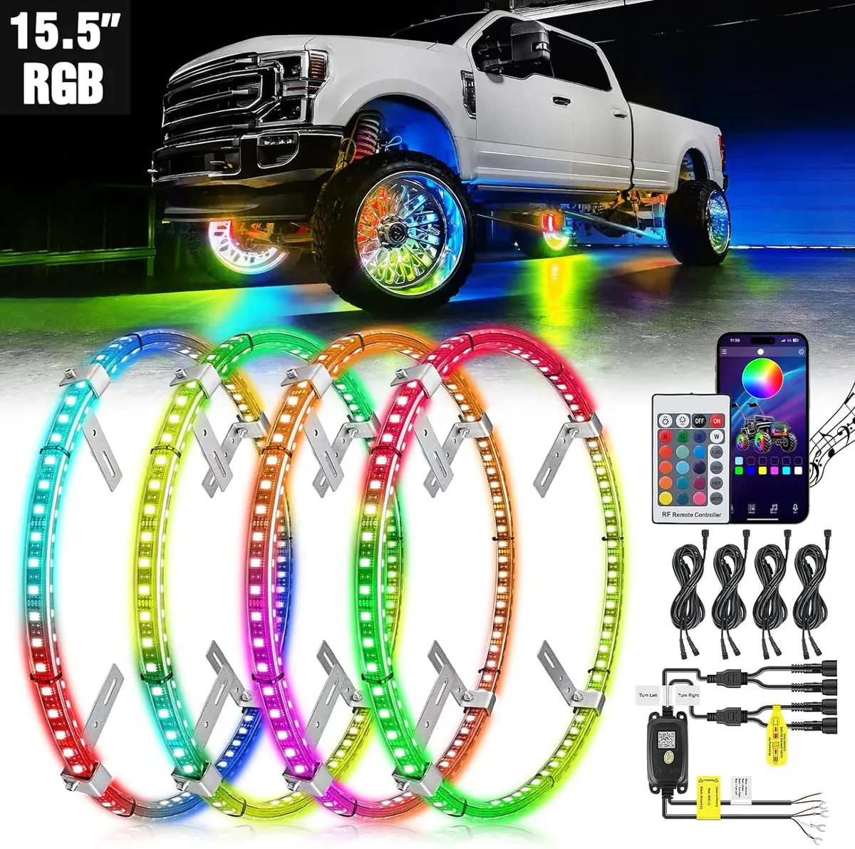 4Pcs 15.5Inch Led Wheel Ring Lights Rgb With App And Remote Control Neon For Car Van Suv Truck 1