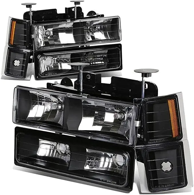 Black/Amber Corner Bumper Headlights Set For 94-00 Chevy C10 C/K 1500/2500/3500 1