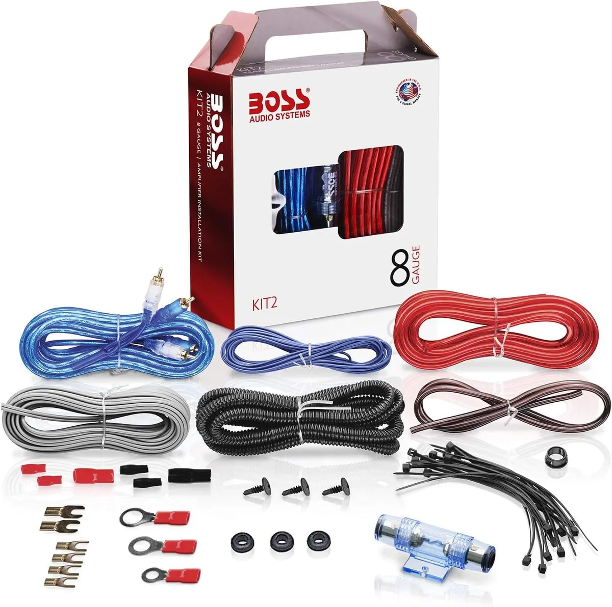 Boss Audio Systems Kit2 8 Gauge Complete Car Amplifier Installation Wiring Kit With Power Cables, Ground Cables, Turn-On Wire, Speaker Wire, Terminals 1