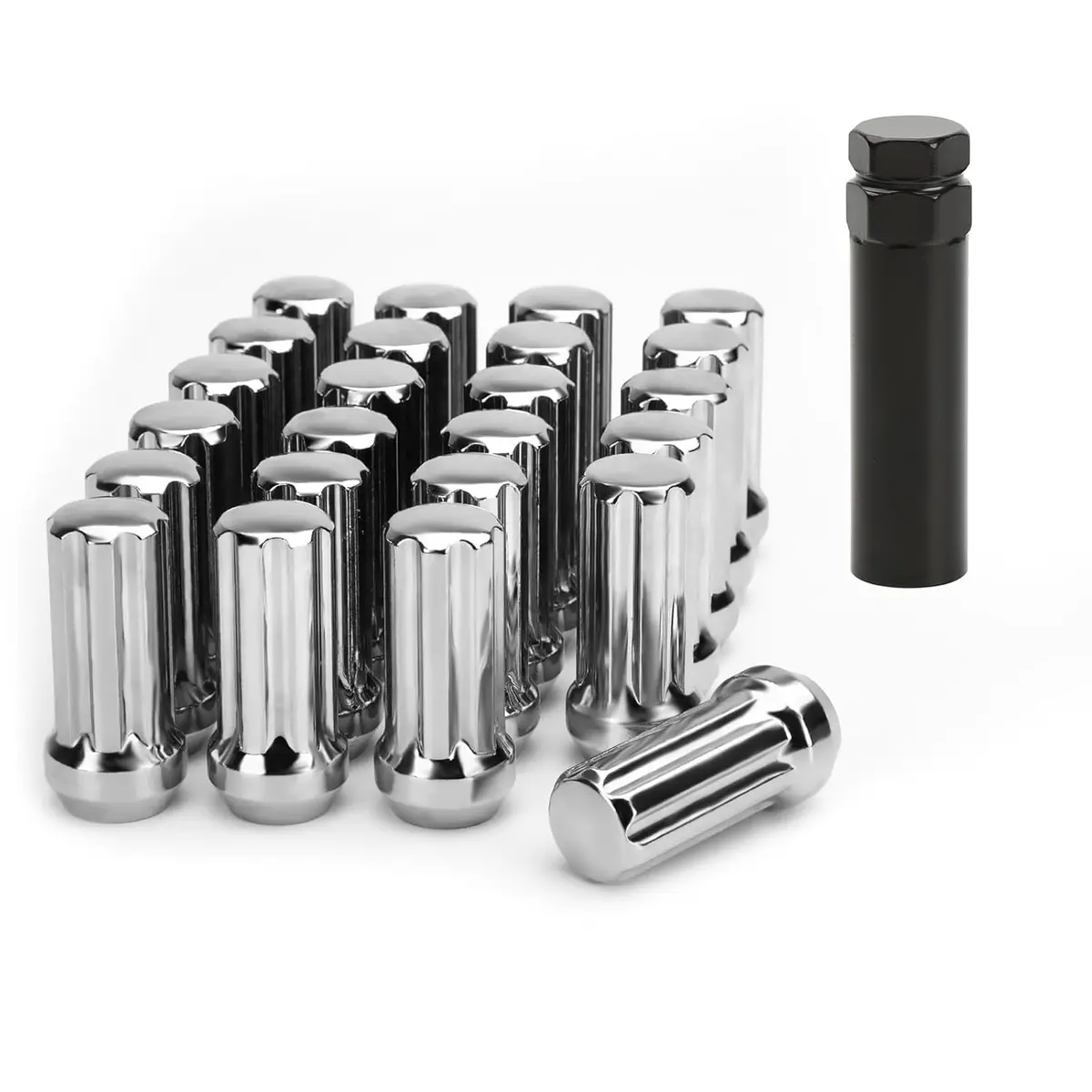 Chrome Lug Nuts 24 Pack, M14x1.5 Spline Conical Bulge Seat With Socket Key For Gmc Yukon, Chevy Suburban Avalanche Silverado 1500, Ford F150 1