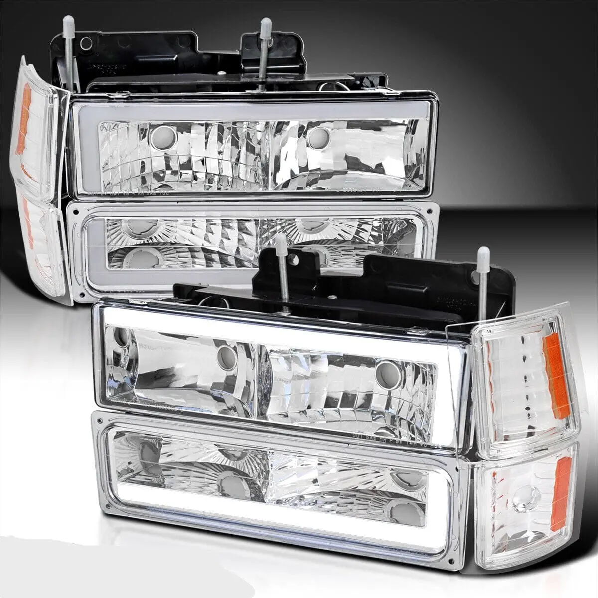 Headlights Lamp+Led Tube Bar For 88-98 Chevy Gmc C10 C/K Silverado Sierra Chrome + Side Amber Turn Signal Lights 1