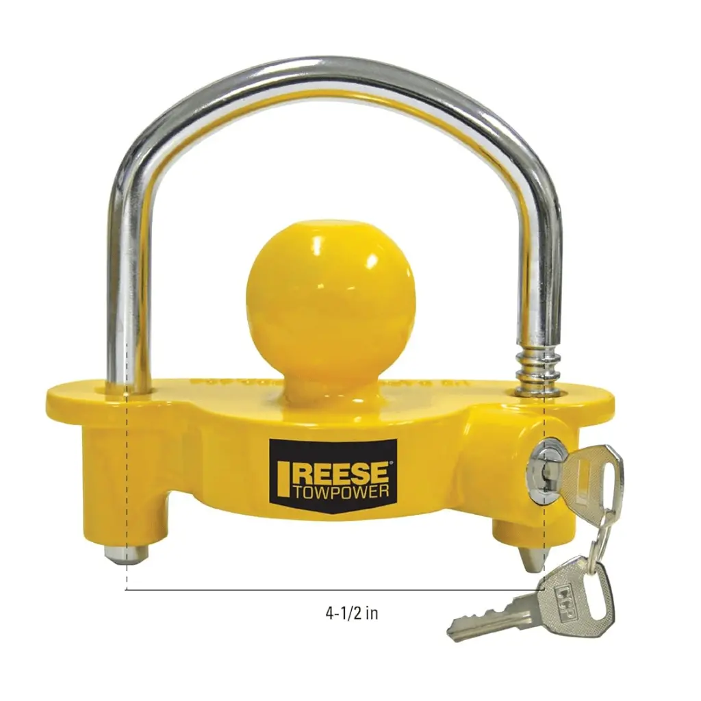 Reese Towpower 72783 Coupler Lock, Adjustable Storage Security, Heavy-Duty Steel, Yellow And Chrome ( Universal Fit) 1
