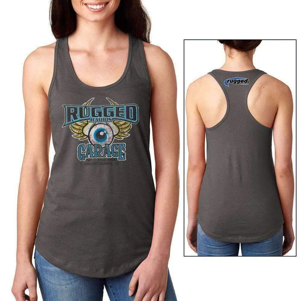 Rugged Radios Garage Ladies Racerback Tank Top - Grey 1