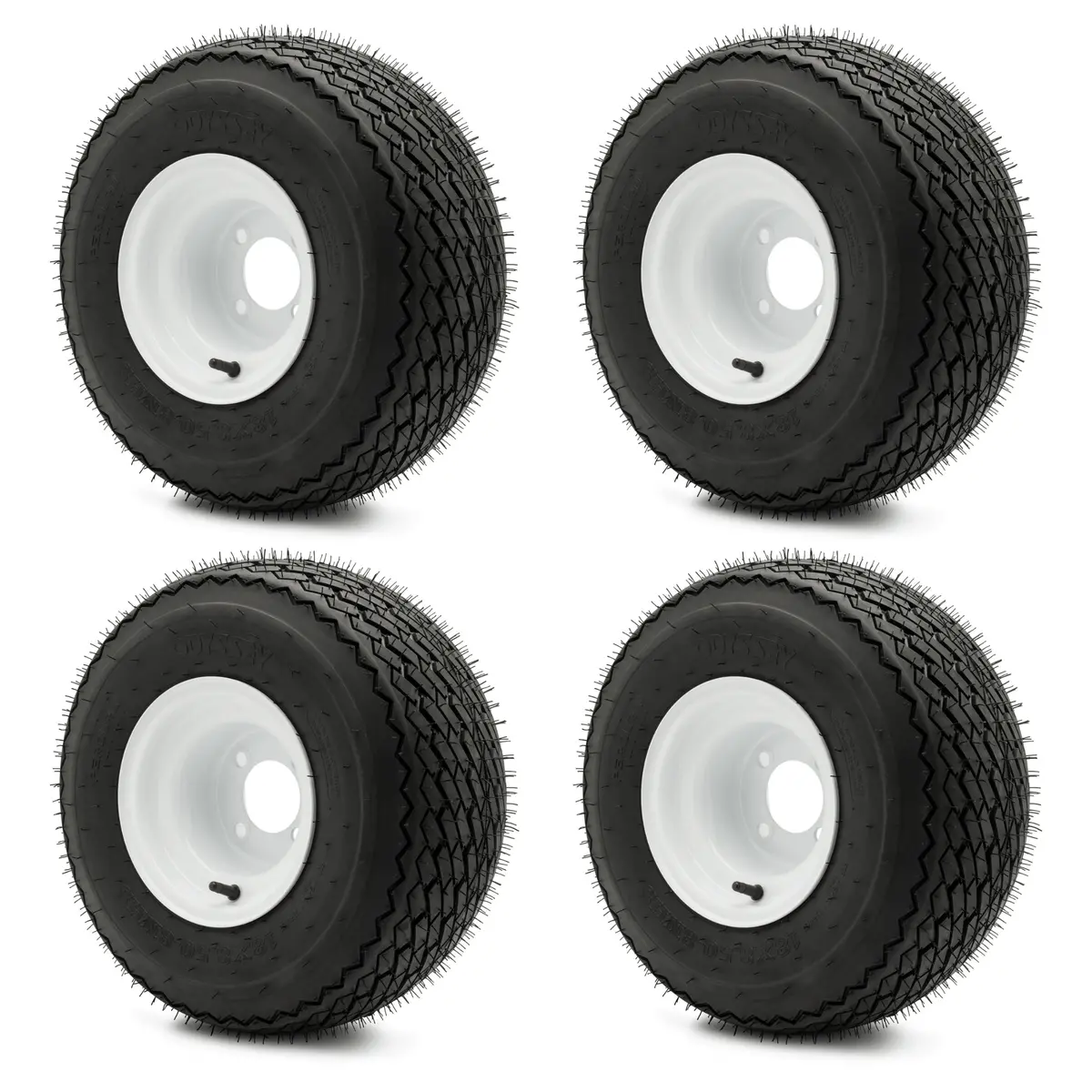 Set Of 4 18X8.50-8 Golf Cart Tires On 8" 4-4 White Steel Wheels 1