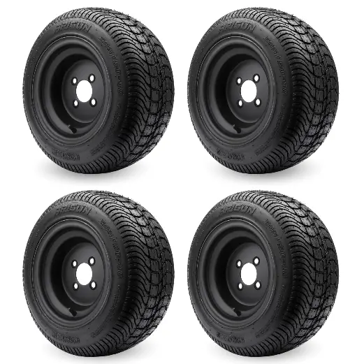 Set Of 4 205/50-10 Golf Cart Tires On 10" 4-4 Black Steel Wheels 1