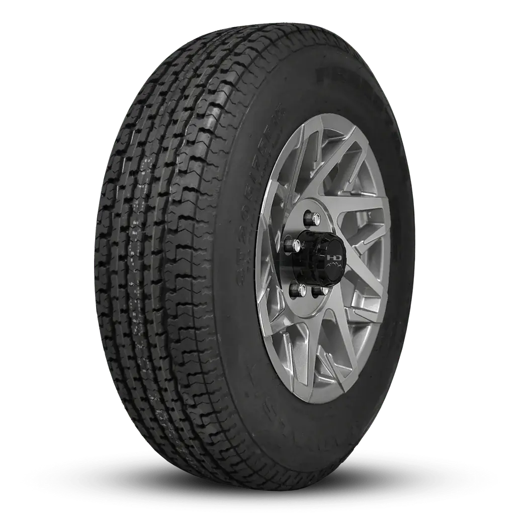 St205/75R15 8-Ply Trailer Tire On 15" 5-4.5 Gloss Silver Machined Face Canyon Wheel 1