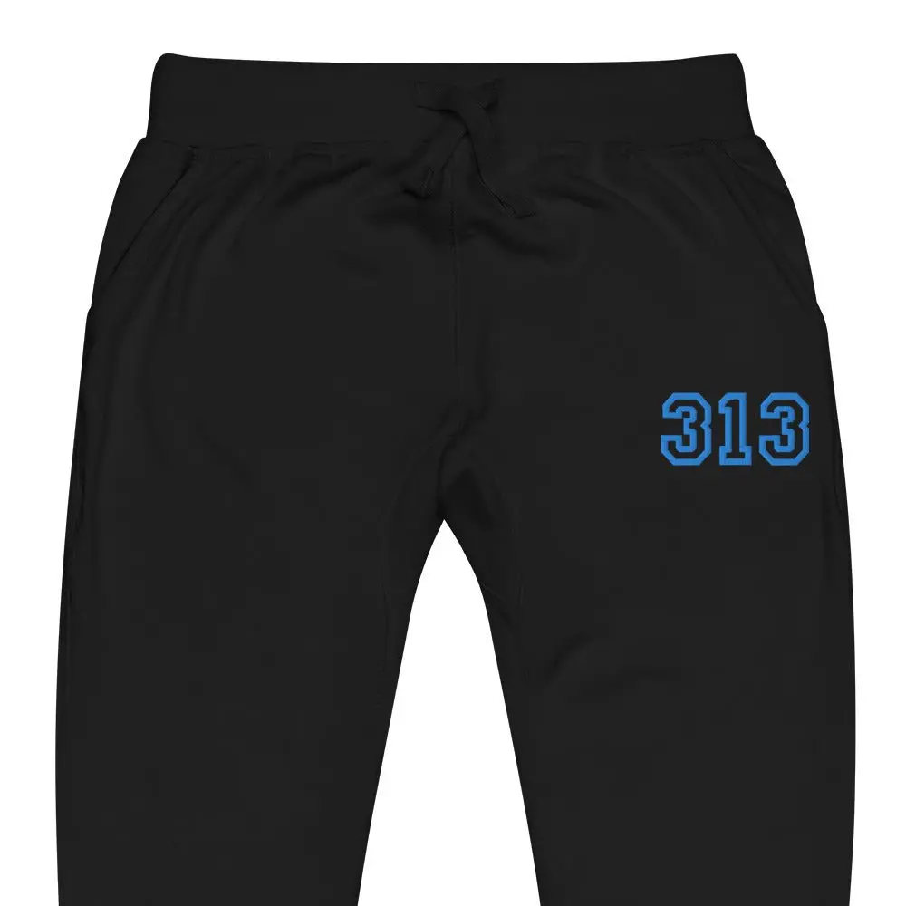313 Premium Embroidered Unisex Fleece Sweatpants - Black / Blue 1