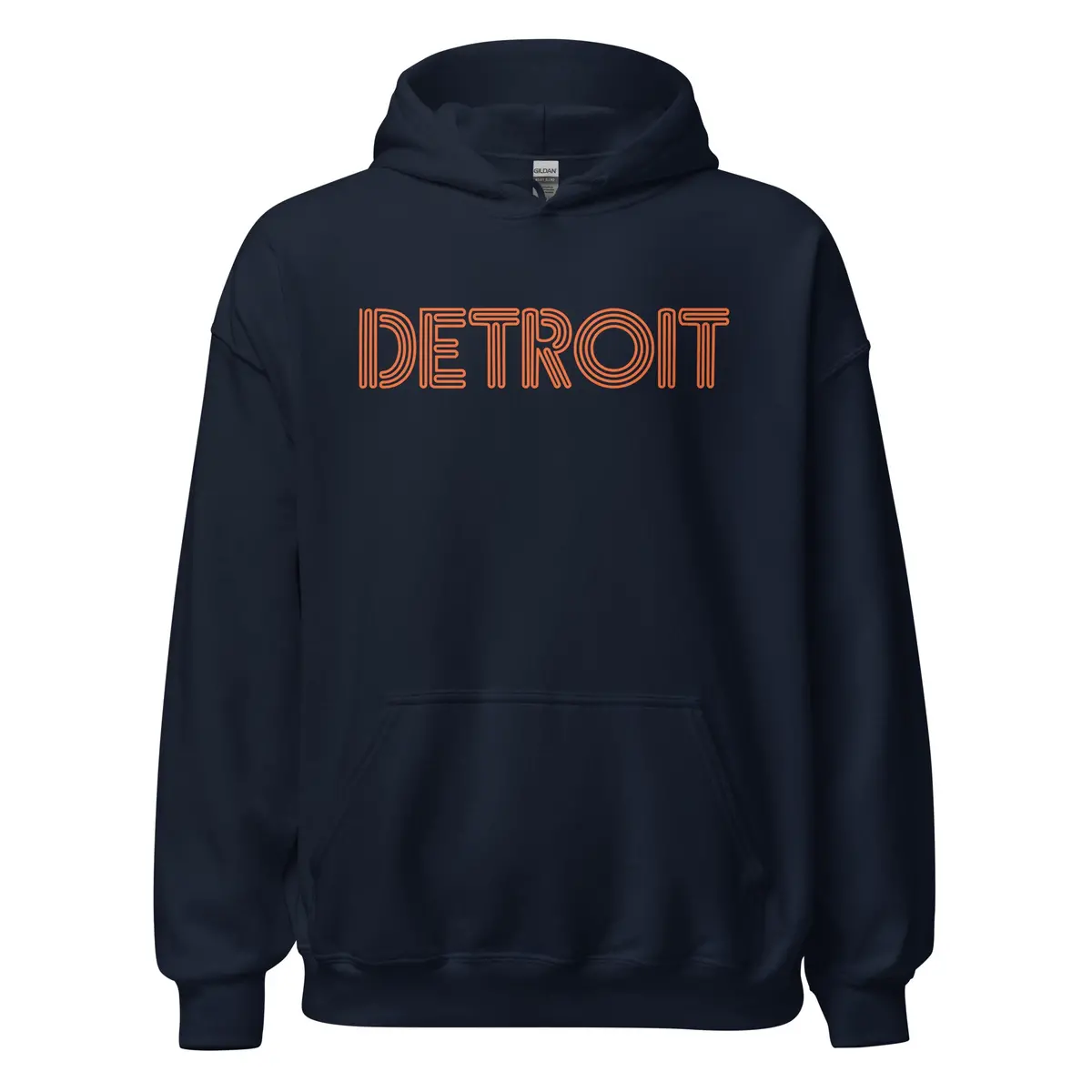 Detroit Neon Unisex Pullover Hoodie - Navy + Orange 1
