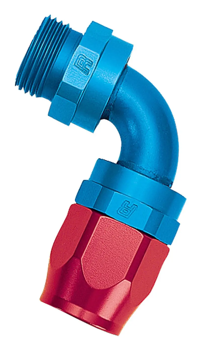 Russell Performance #6 An Swivel Hose End – 90° Radius Inlet, Red/Blue Anodized 1