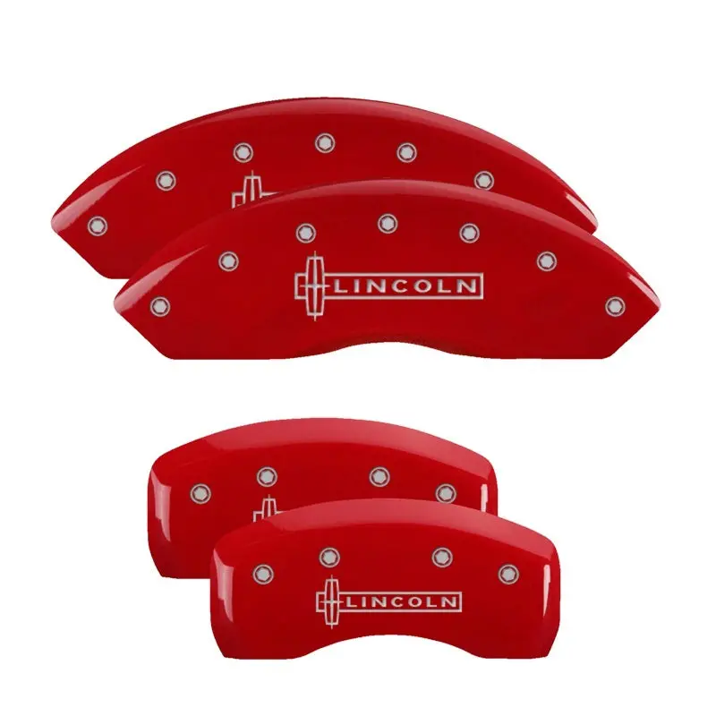 Mgp Engraved 4-Piston Caliper Covers – Front & Rear, Lincoln Red Finish With Silver Accents 1