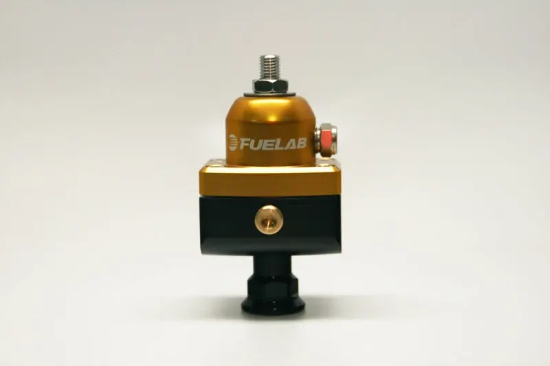 Fuelab 575 High-Pressure Adjustable Mini Fuel Pressure Regulator — Gold Finish, 25–65 Psi, One -6An Inlet + Two -6An Outlets 1